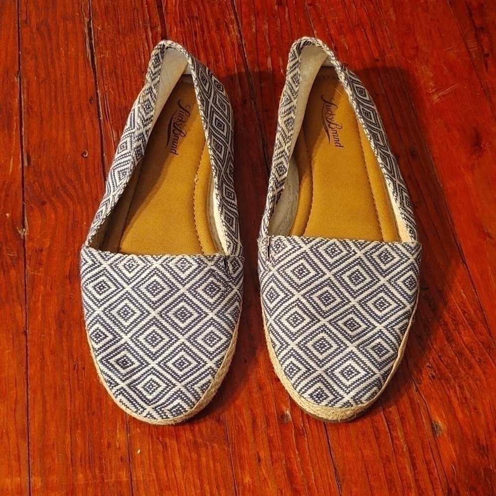 Lucky Brand Blue and White Diamond Pattern Canvas Espadrille Flats Sz 9
